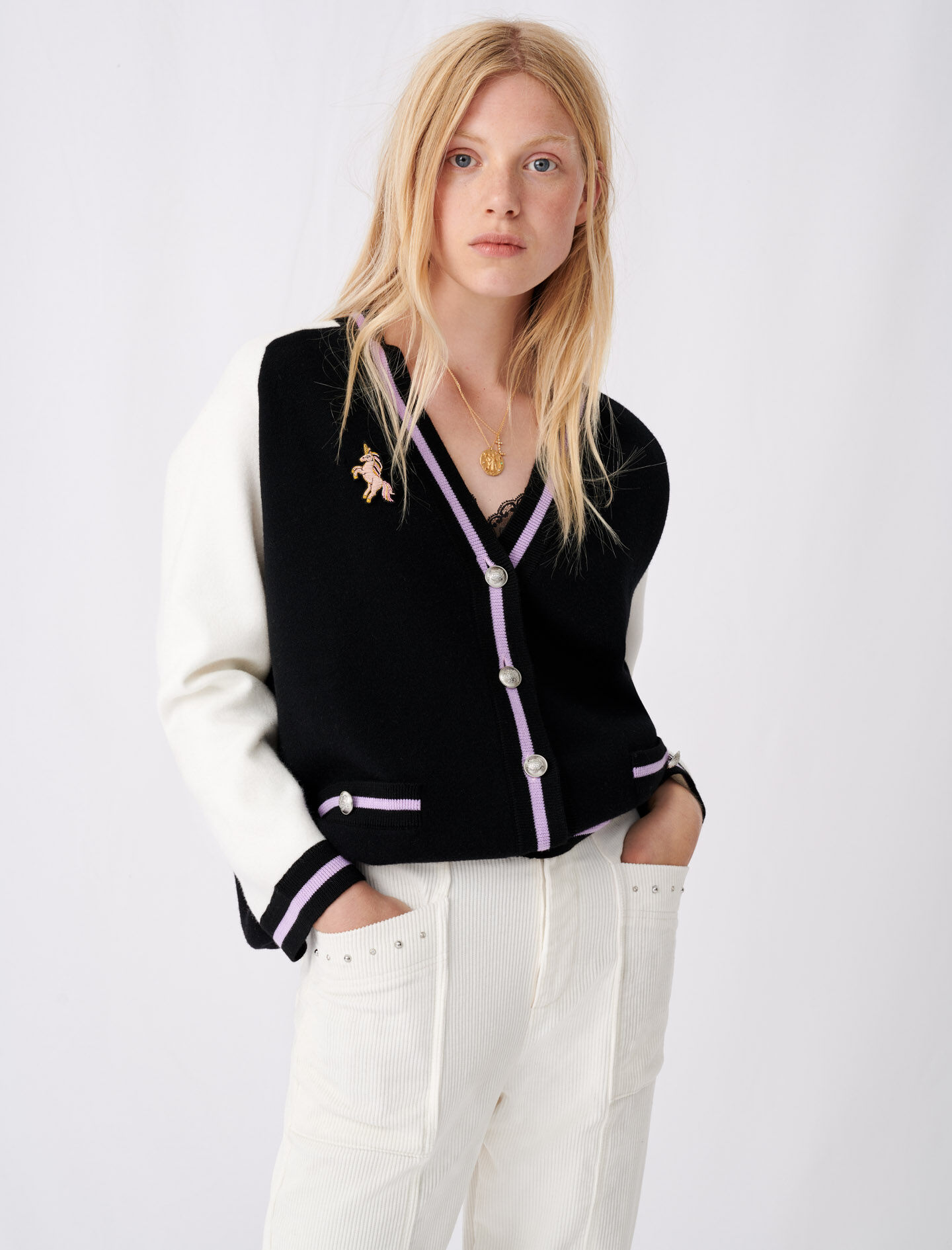 120MYSWEET Bicolour college cardigan with patch
