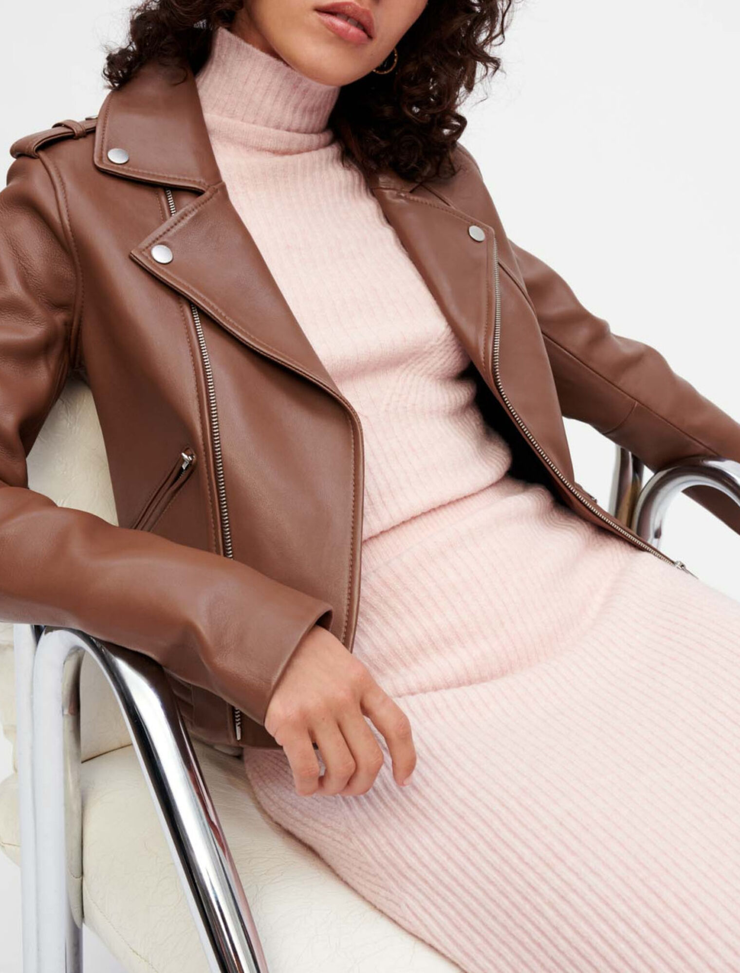 Blouson façon Biker en cuir camel
