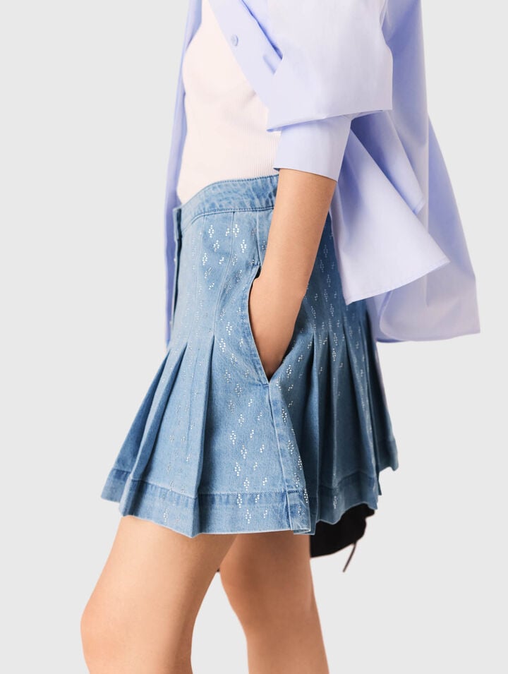 Rhinestone pleated denim skirt
