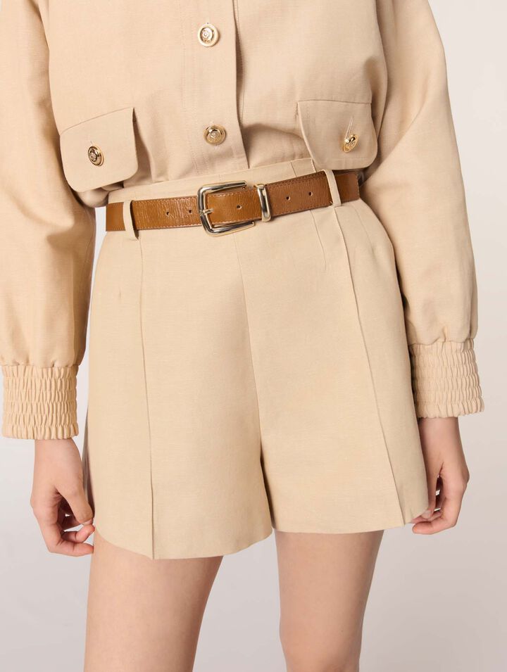 Short à pinces en lin et coton