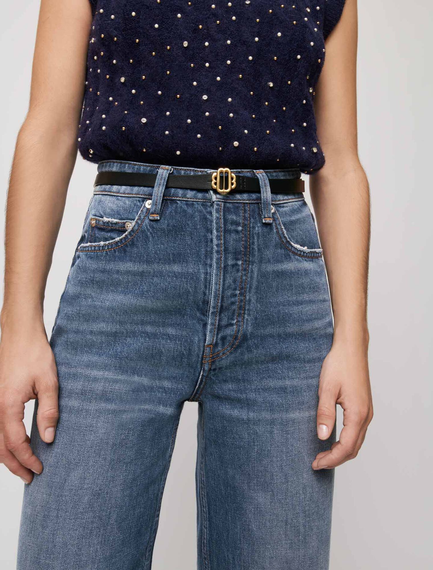Ceinture fine en cuir noir boucle dorée