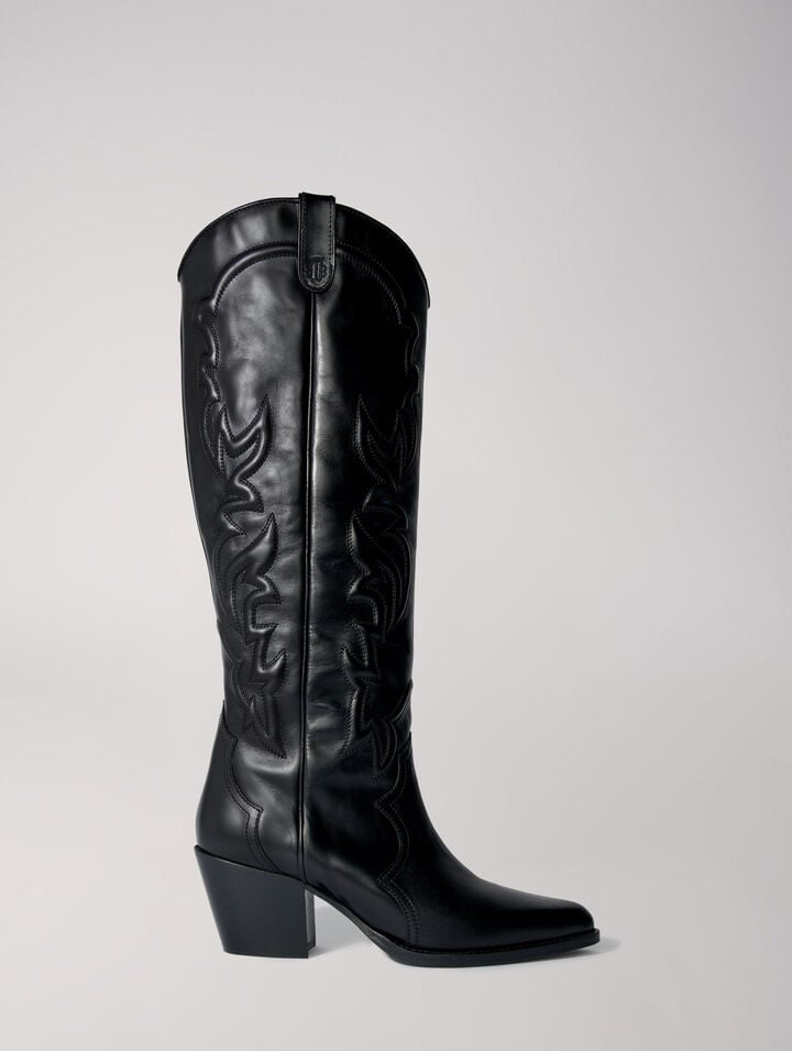 Bottes santiags en cuir lisse brodé