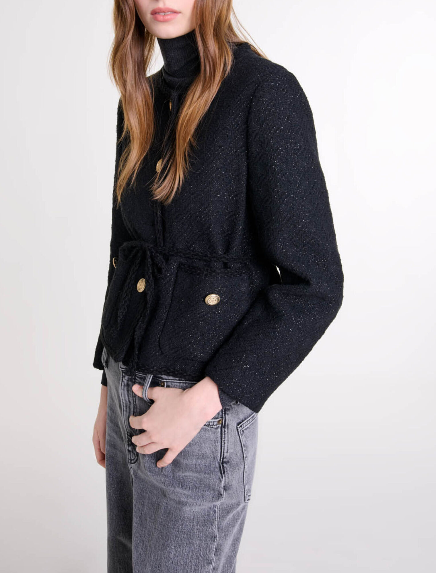 Straight-cut shiny tweed jacket