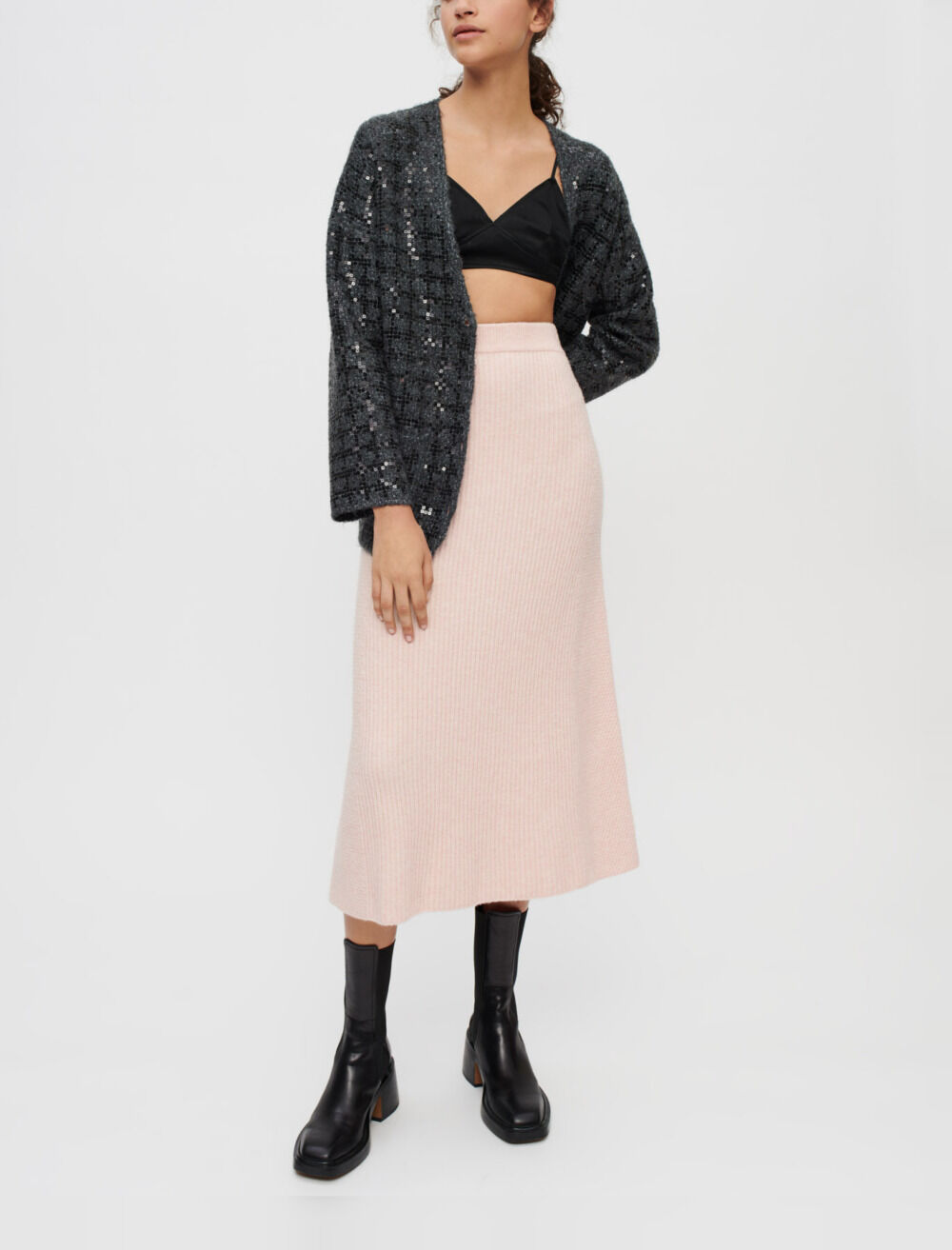 Jupe midi en maille stretch a cotes Jupes Shorts Maje