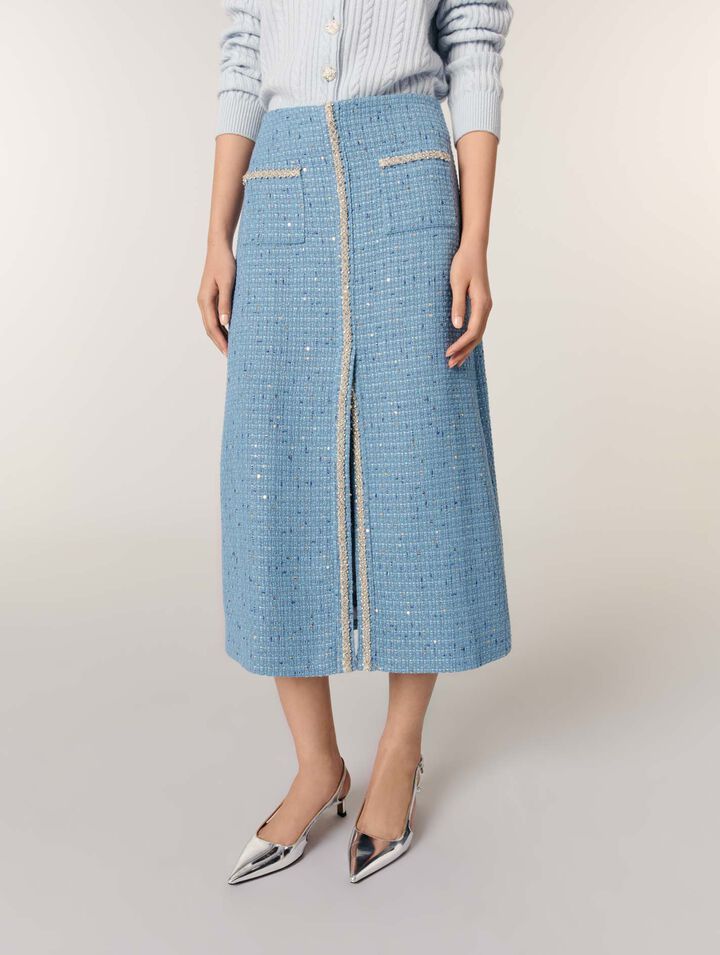 Jupe midi en tweed à sequins