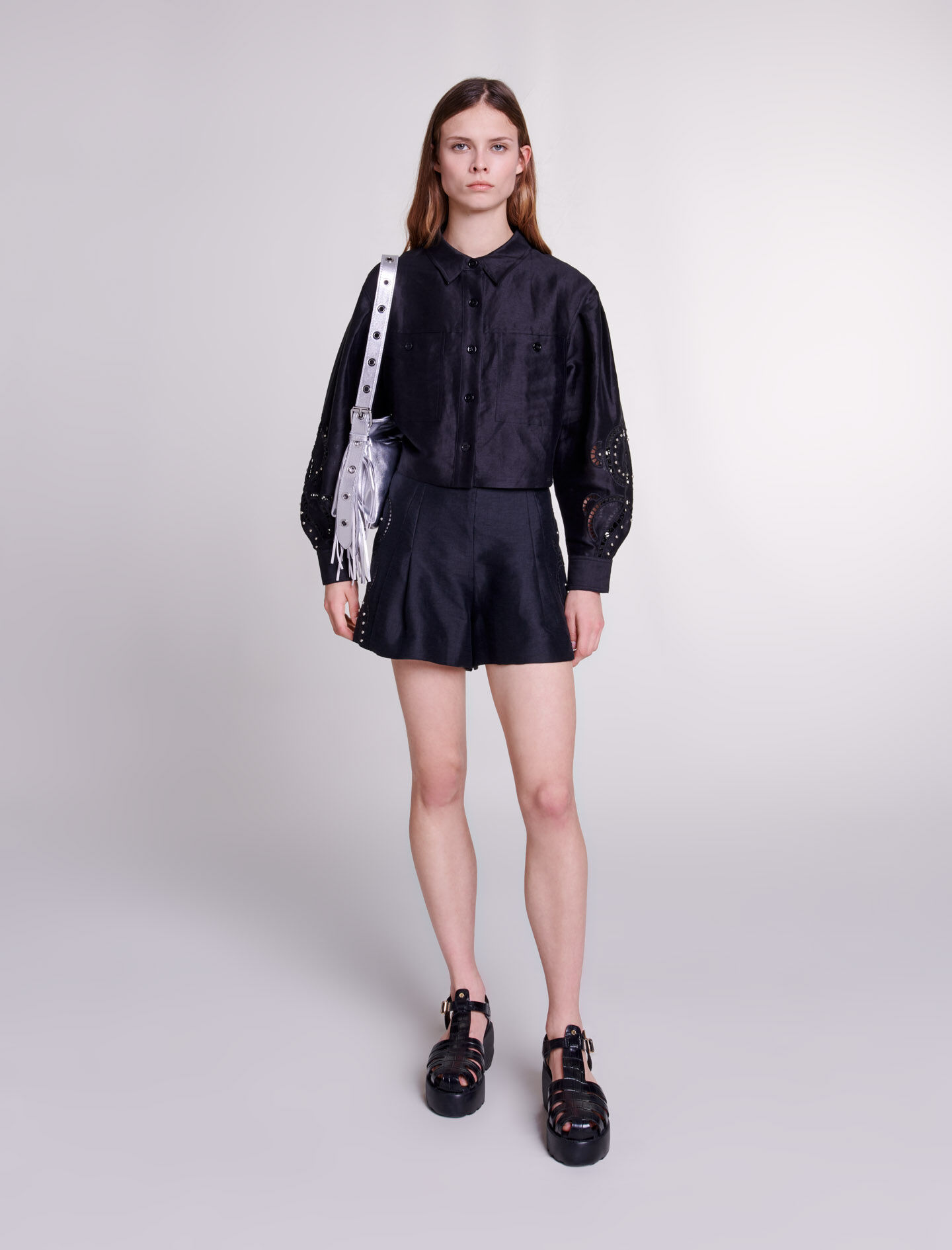Chemise courte en lin ajouree