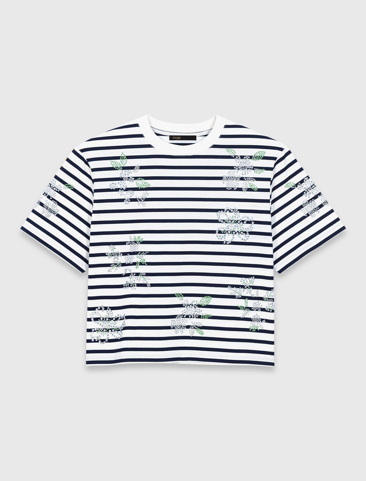 Tee shirt ray&eacute; &agrave; fleurs strass&eacute;es