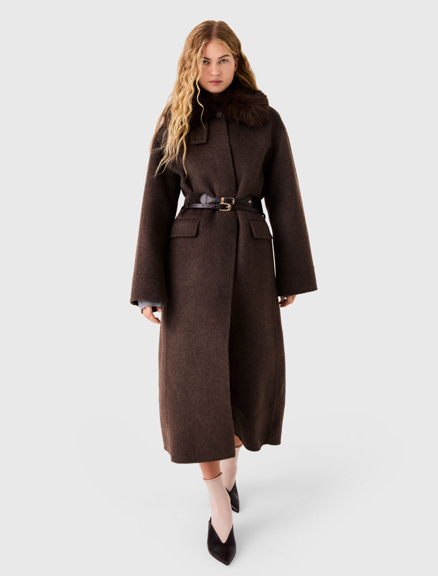 Long coat with faux fur collar