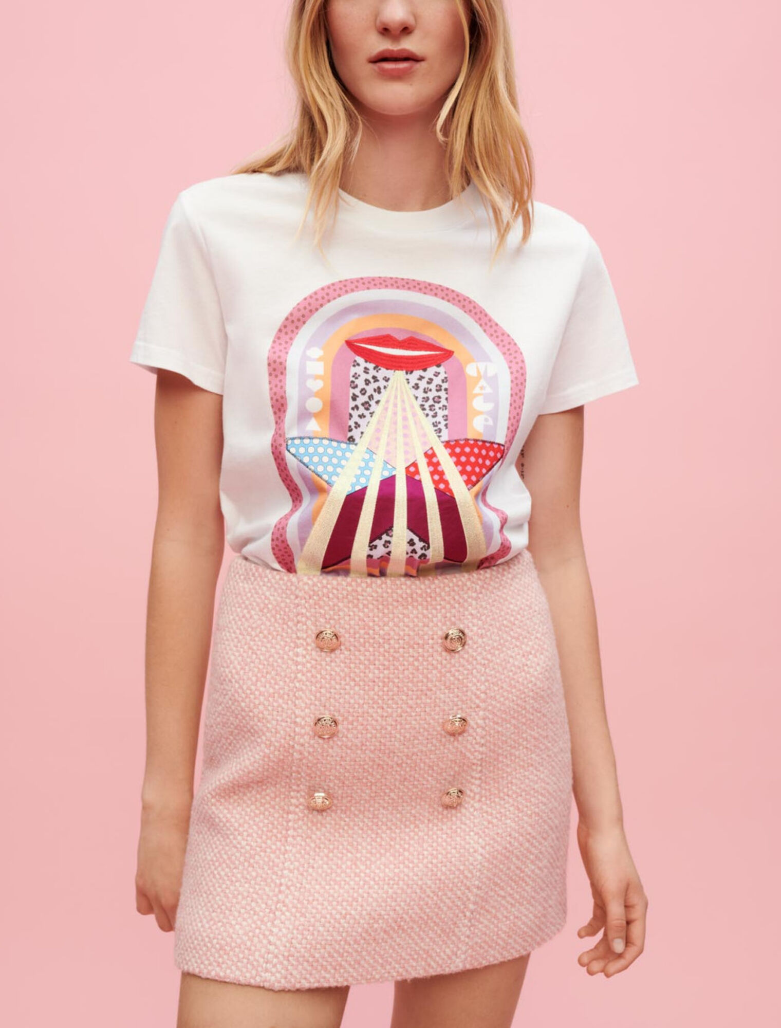Pink and ecru mottled tweed skirt