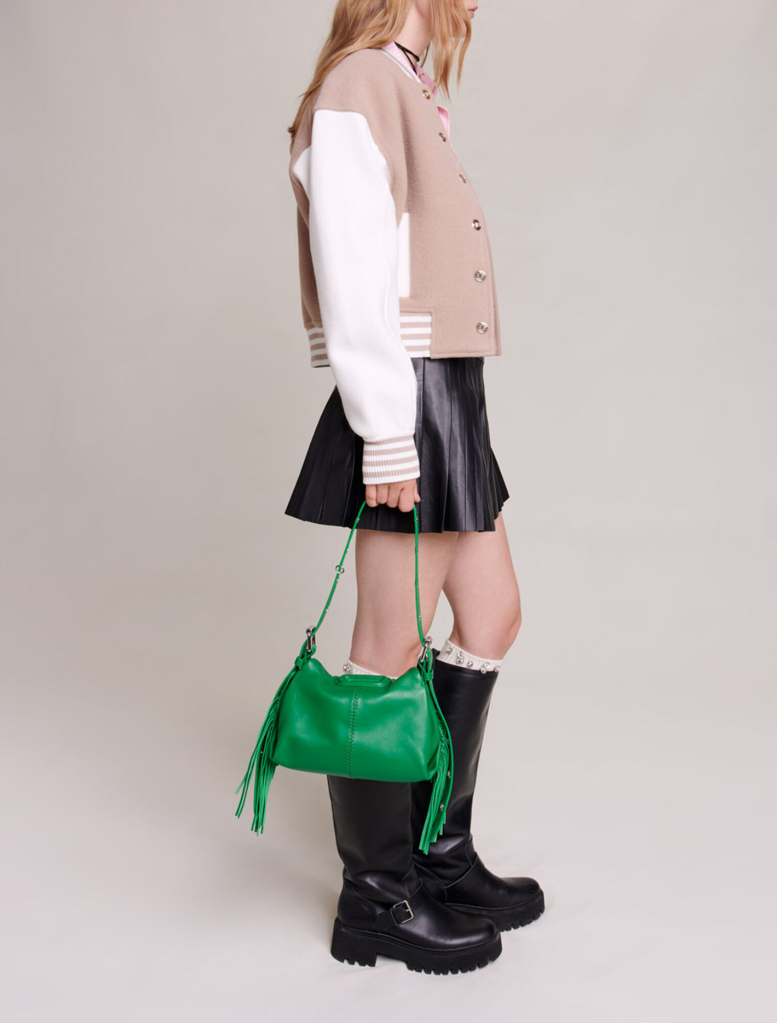 Pleated, flared leather skirt