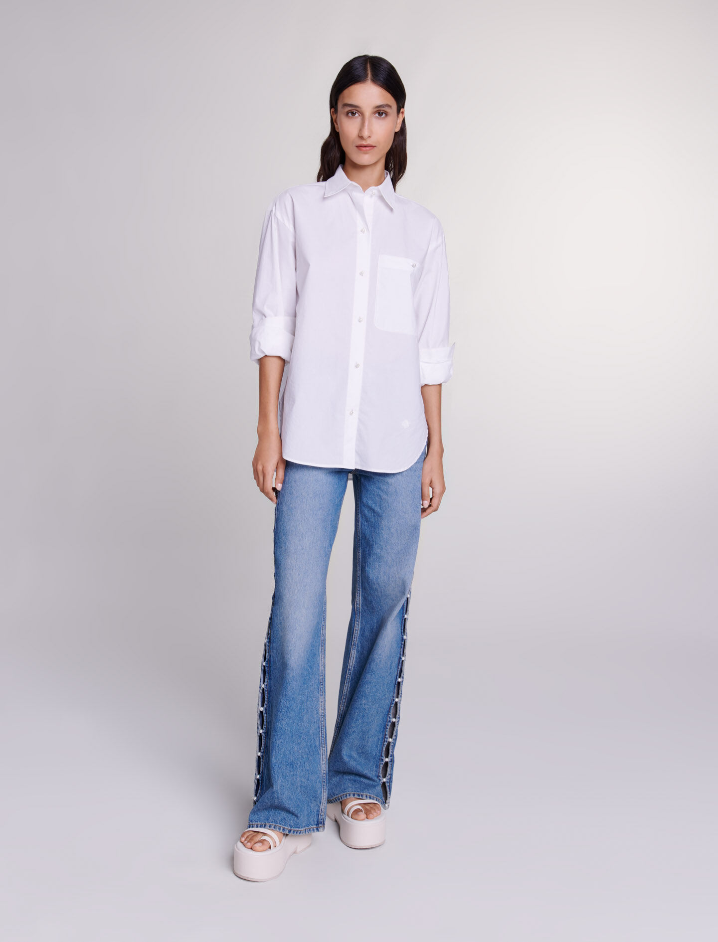 Chemise en popeline de coton blanche Manches courtes Maje