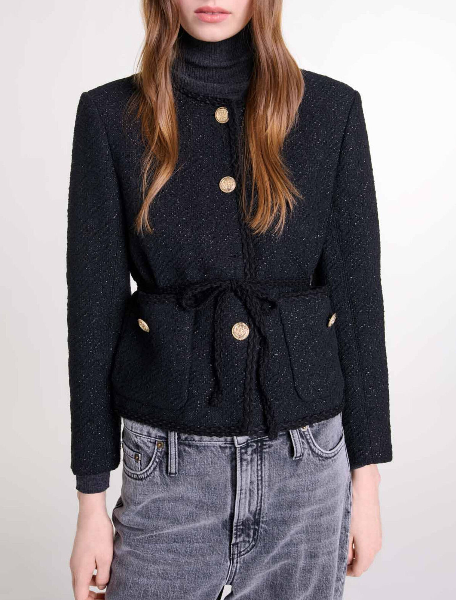 Straight-cut shiny tweed jacket