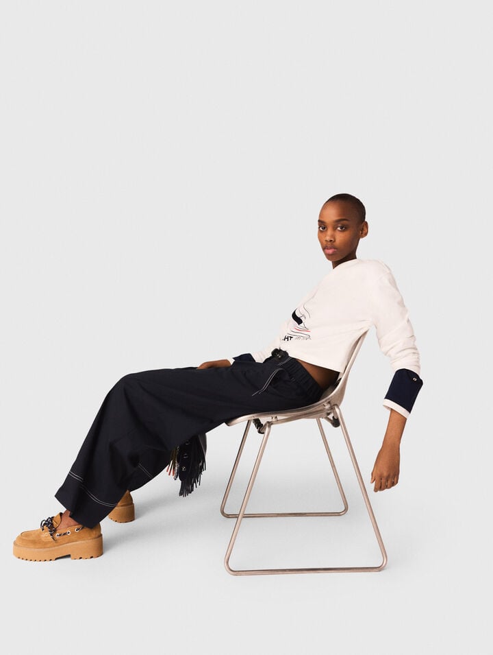 Pantalon en coton &agrave; ceinture cuir