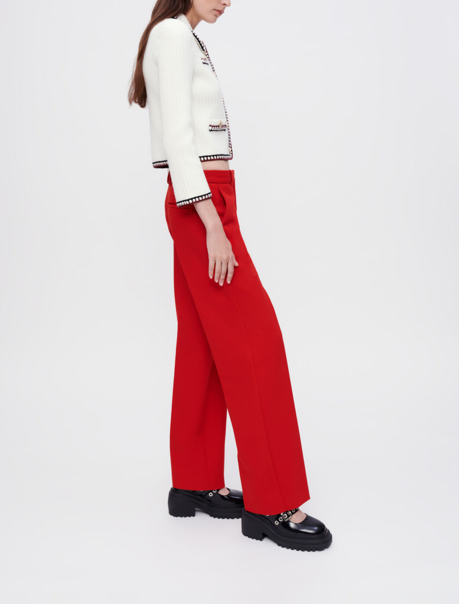 Red wide-leg tailored trousers