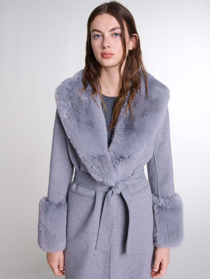 Manteau long col fausse fourrure