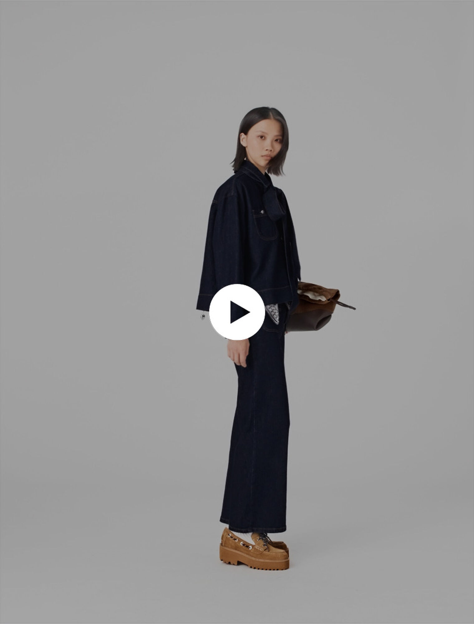 Denim shirt with pussy bow