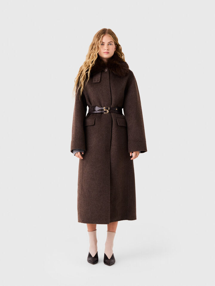 Long coat with faux fur collar