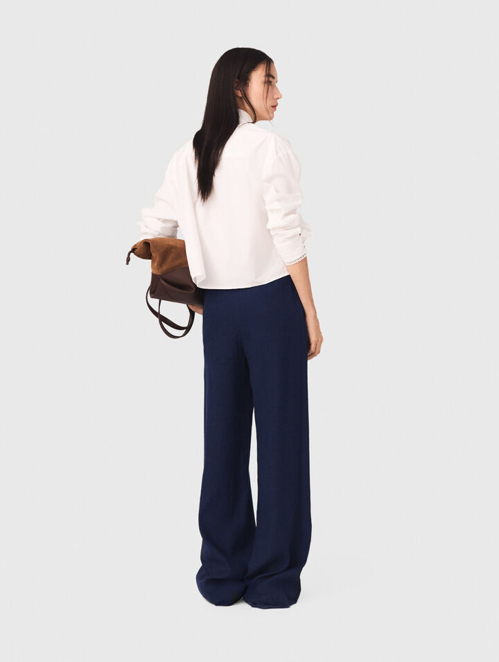 Pantalon &agrave; pont en lin m&eacute;lang&eacute;