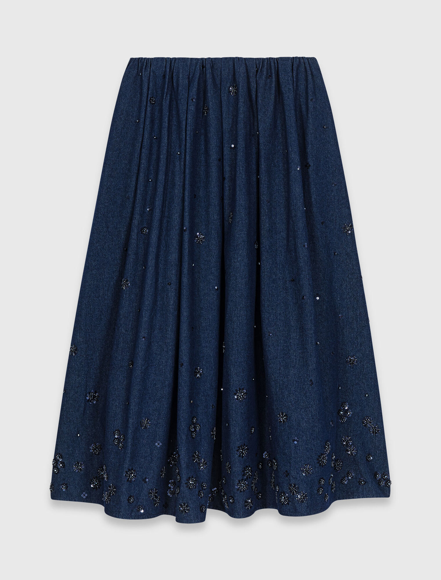 Embroidered denim midi skirt