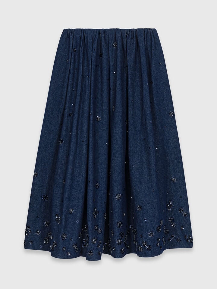 Embroidered denim midi skirt