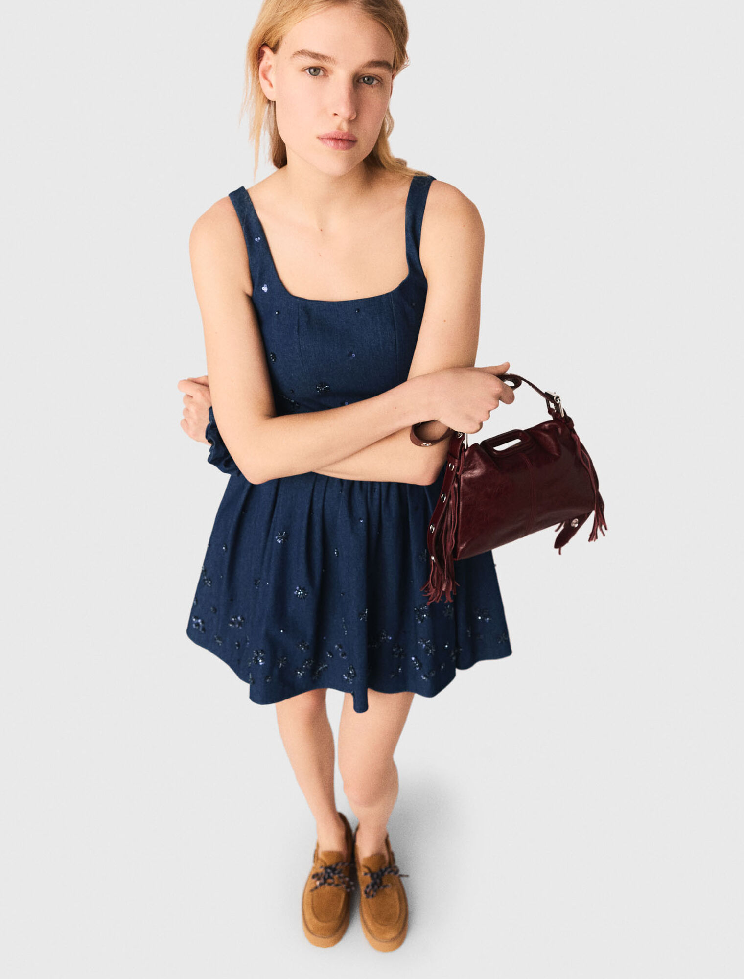 Flared embroidered denim dress