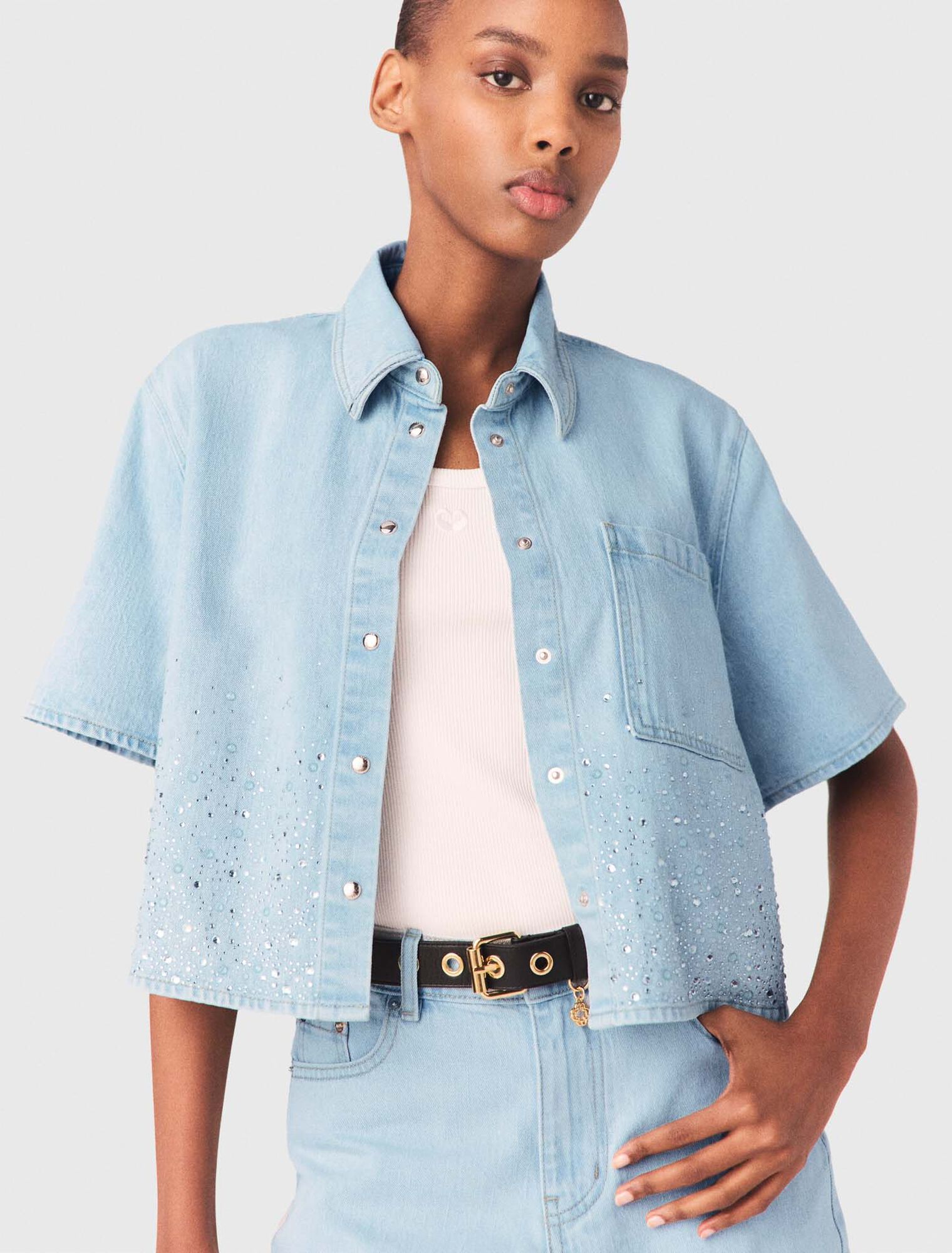 Cropped rhinestone denim shirt
