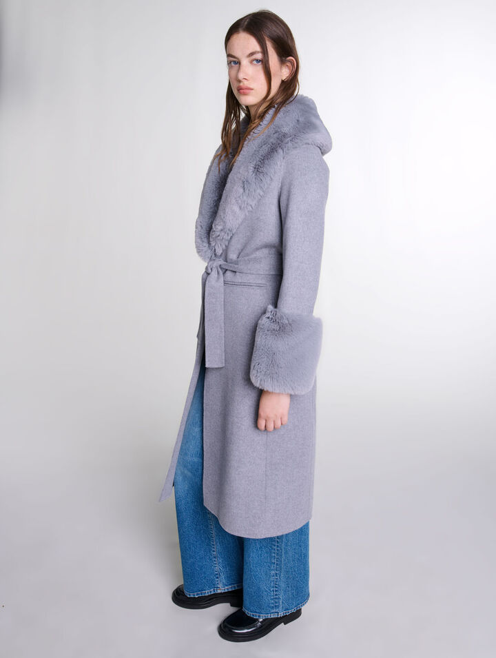 Manteau long col fausse fourrure