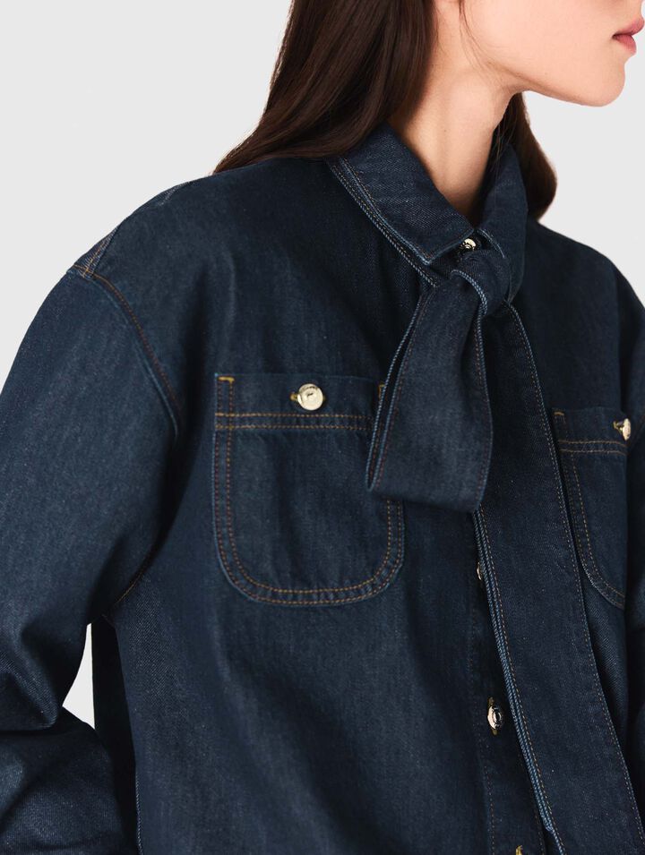 Denim shirt with pussy bow
