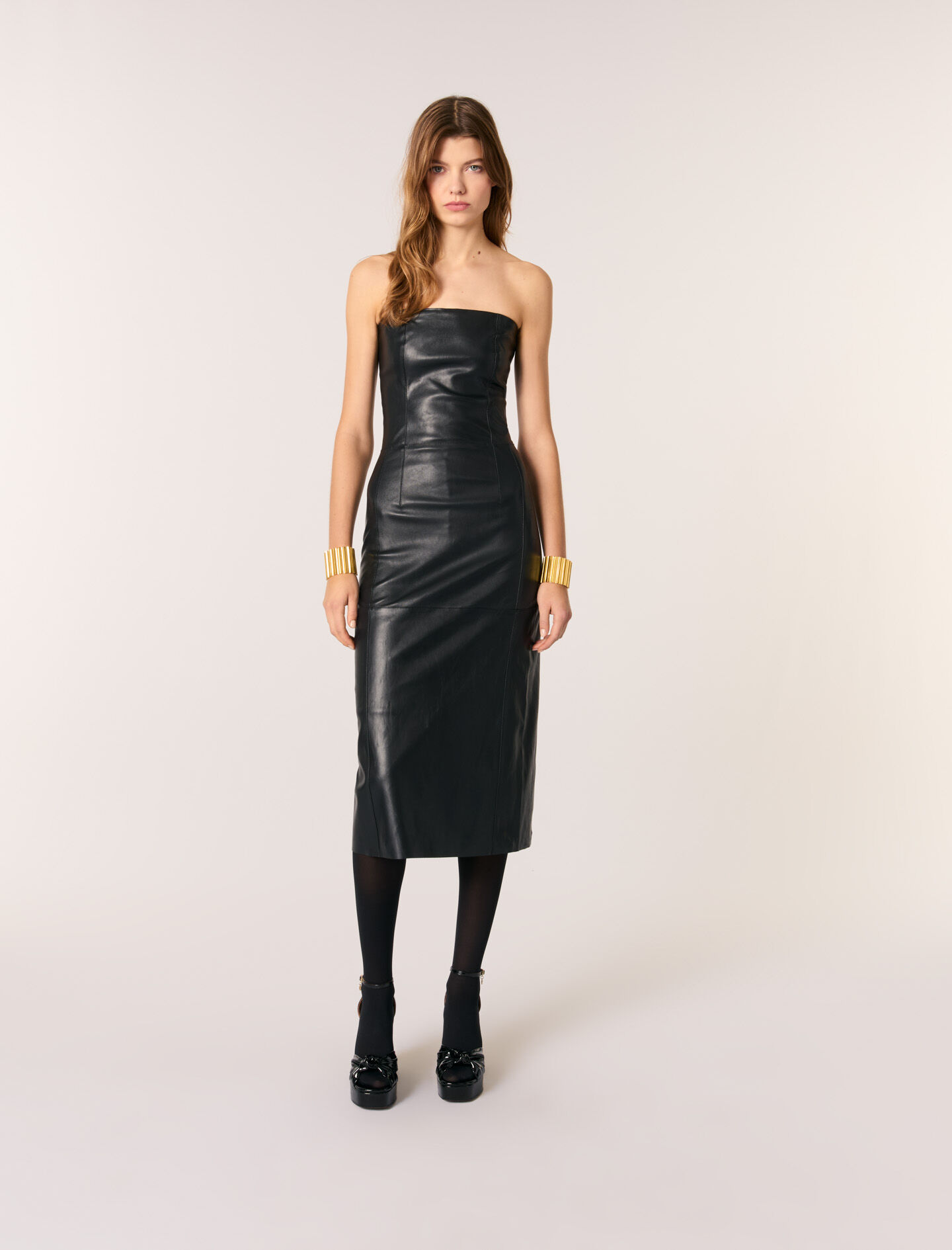 Robe bustier midi en cuir stretch Robes longues Maje