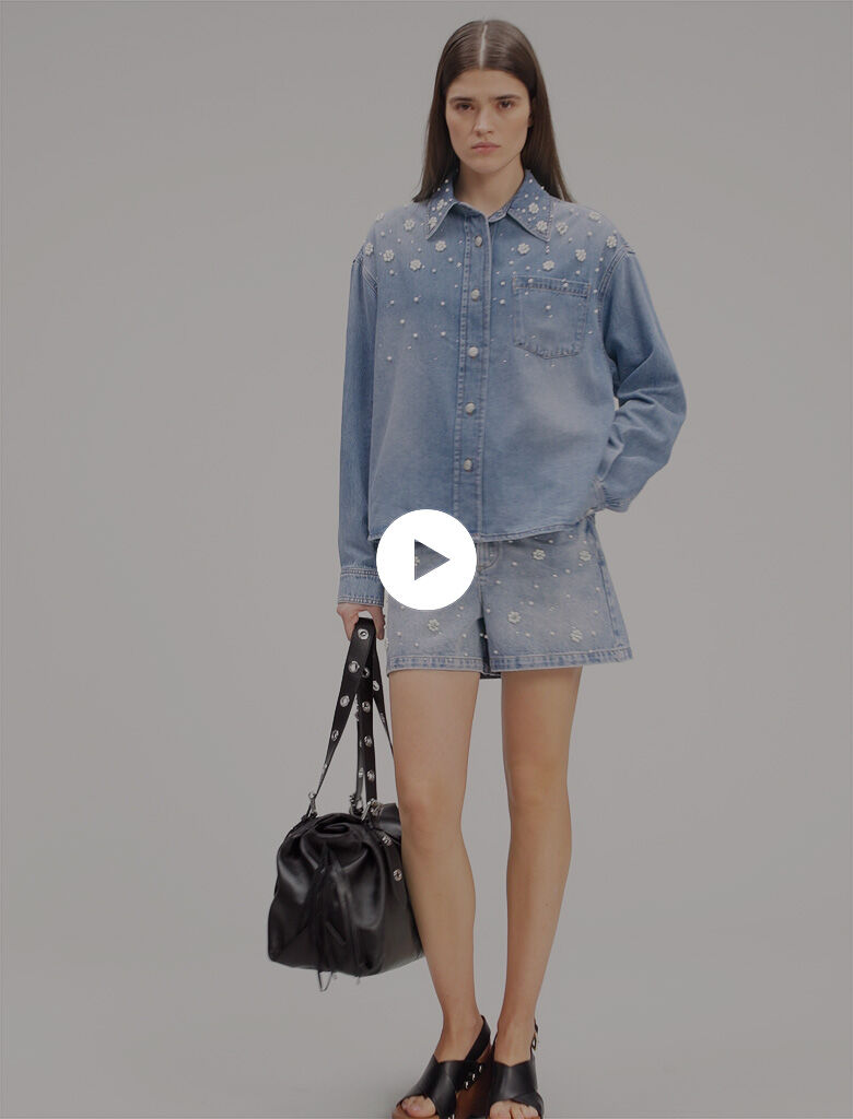Denim shirt with embroidered beads - Short sleeves | Maje