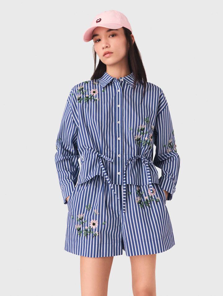 Chemise ray&eacute;e courte brod&eacute;e