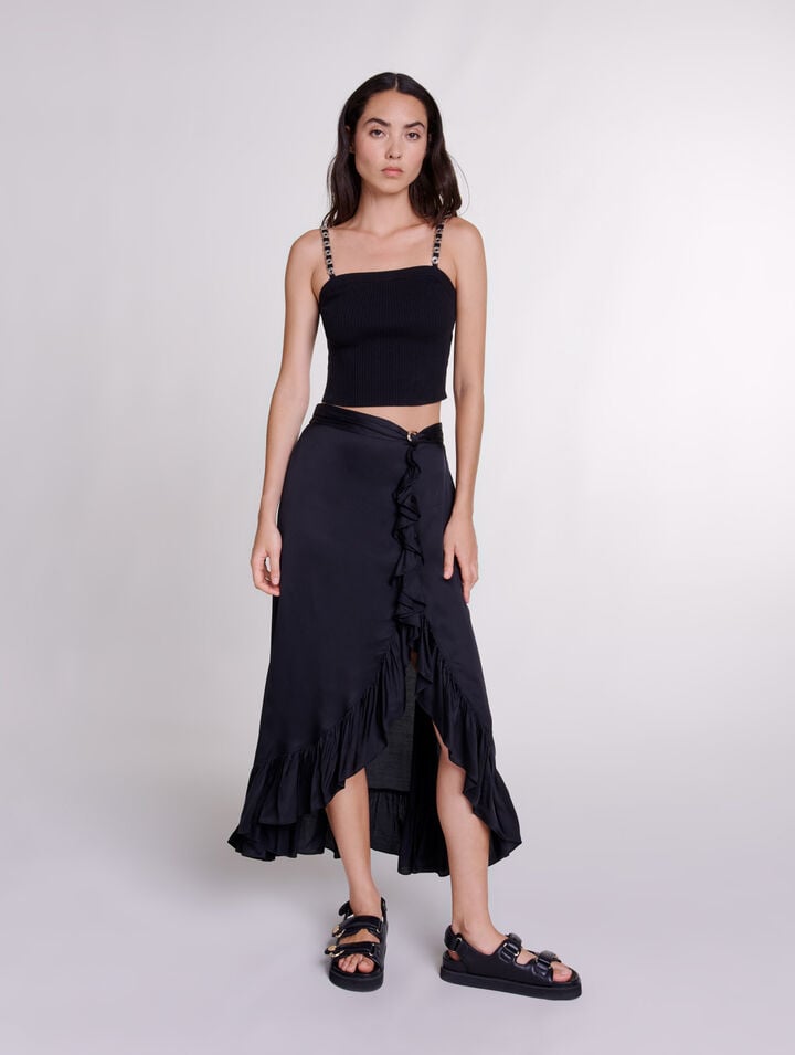 Long satin-effect ruffled skirt