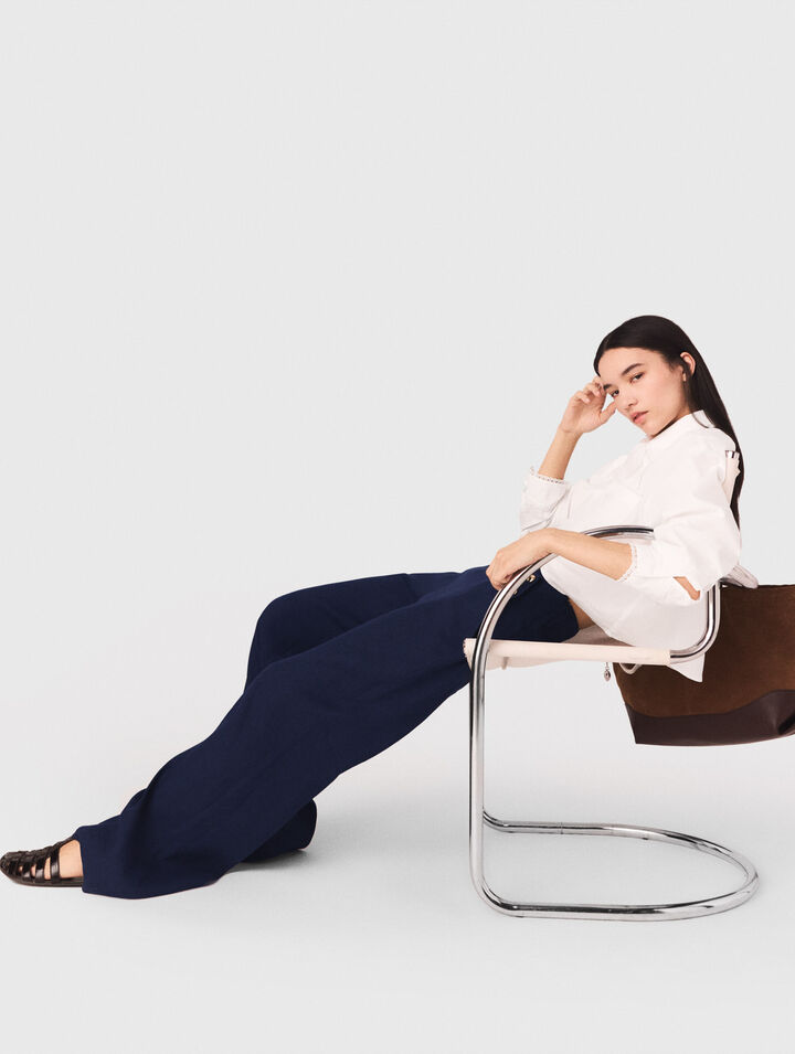 Pantalon &agrave; pont en lin m&eacute;lang&eacute;