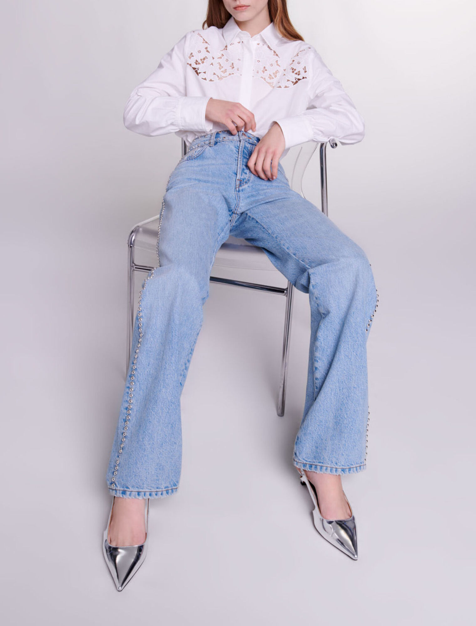 Wide-leg studded jeans