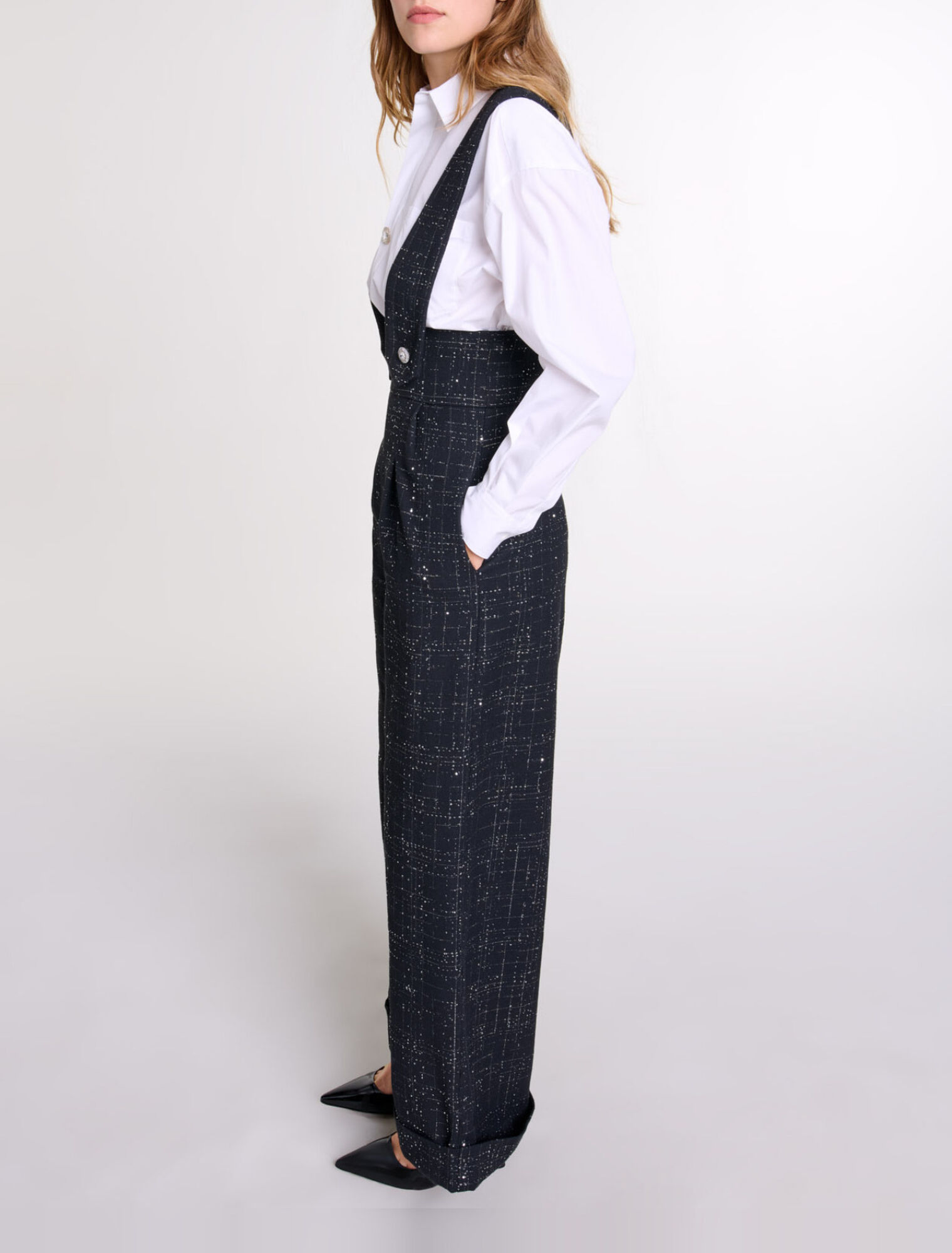 Wide-leg trousers with tweed braces