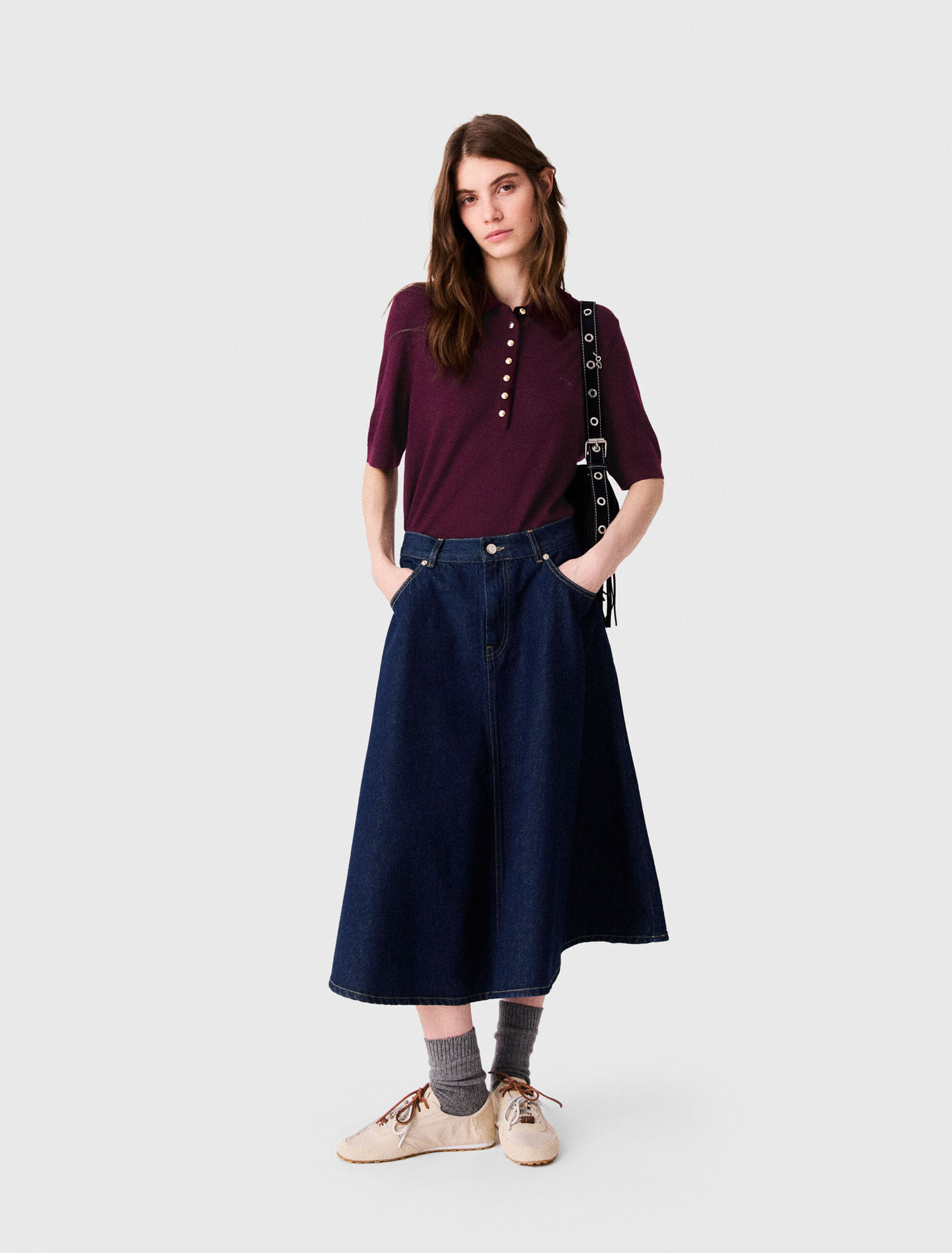 Mid-length flared denim skirt
