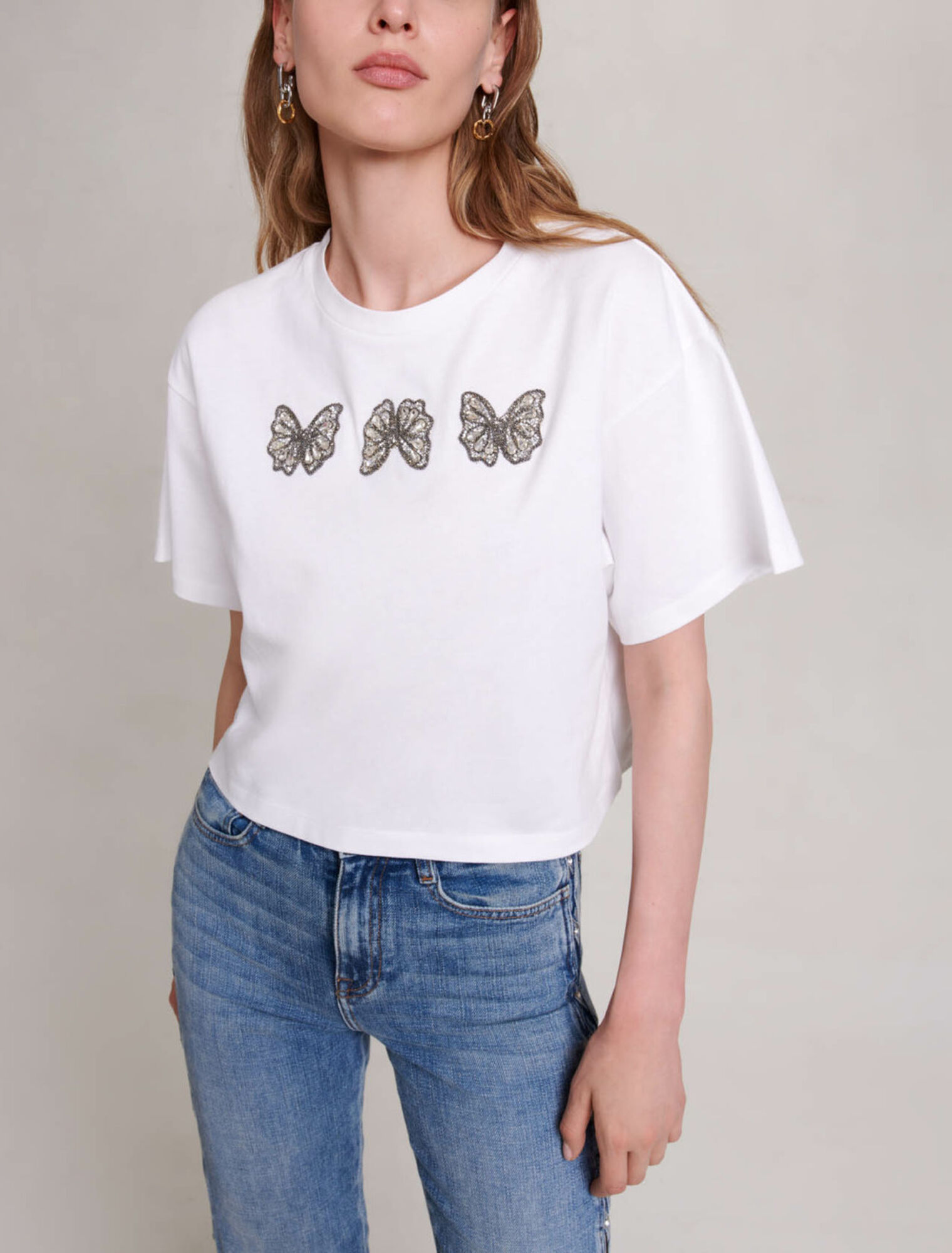 T-shirt court à papillons et strass