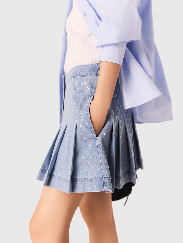 Rhinestone pleated denim skirt