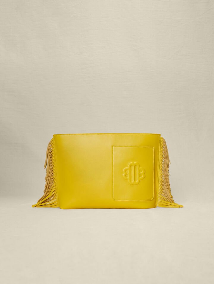 Fringed leather clutch bag