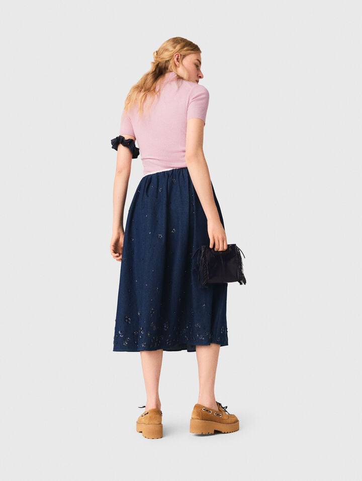 Embroidered denim midi skirt