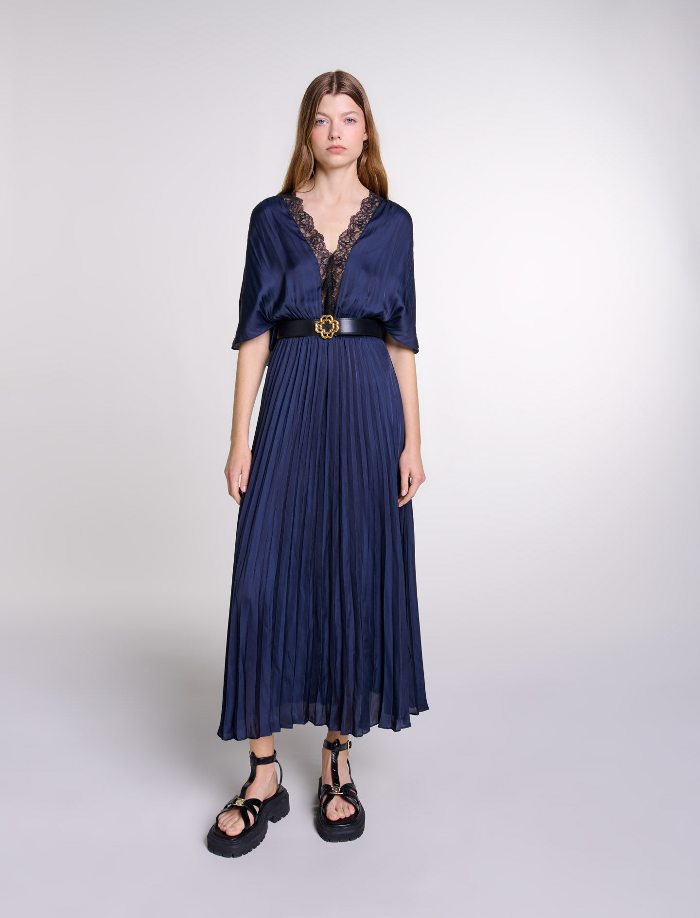 Robe longue plissee avec dentelle Robes longues Maje