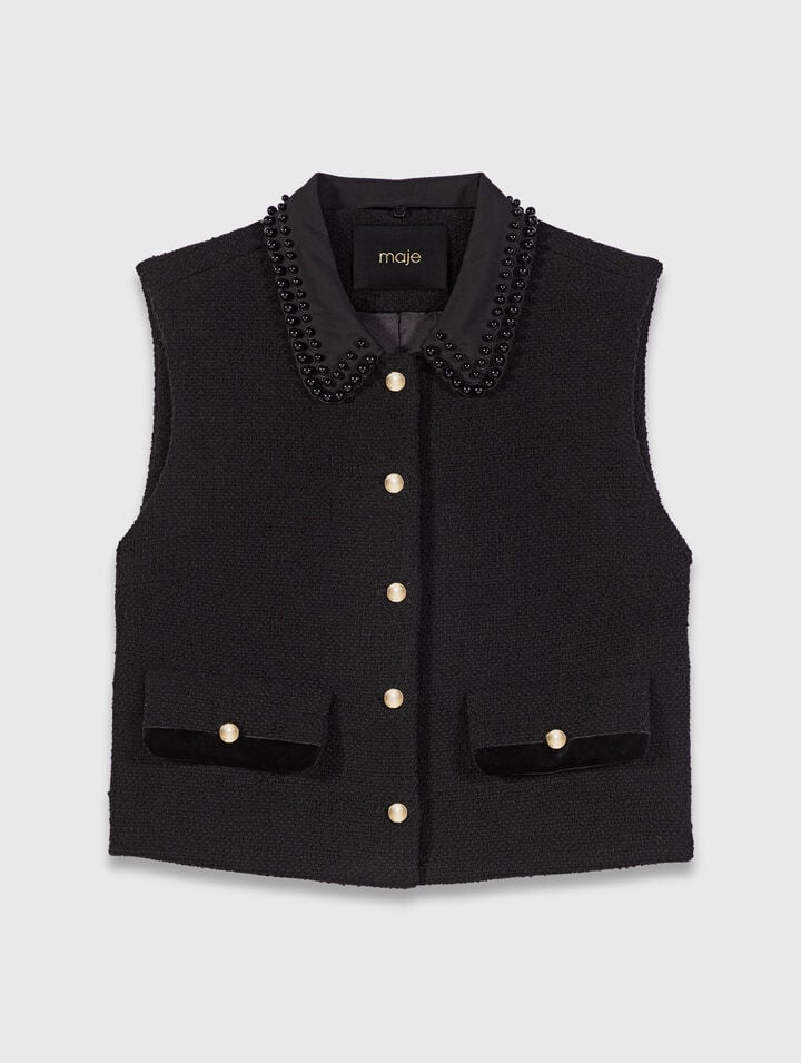 Top en tweed avec galons en velours