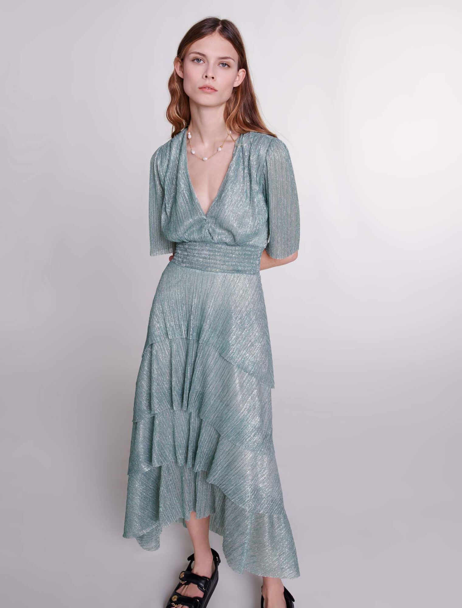 Robe à volants en lurex stretch