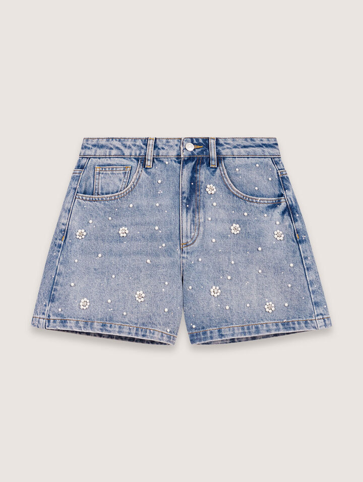 Short en denim à perles brodées