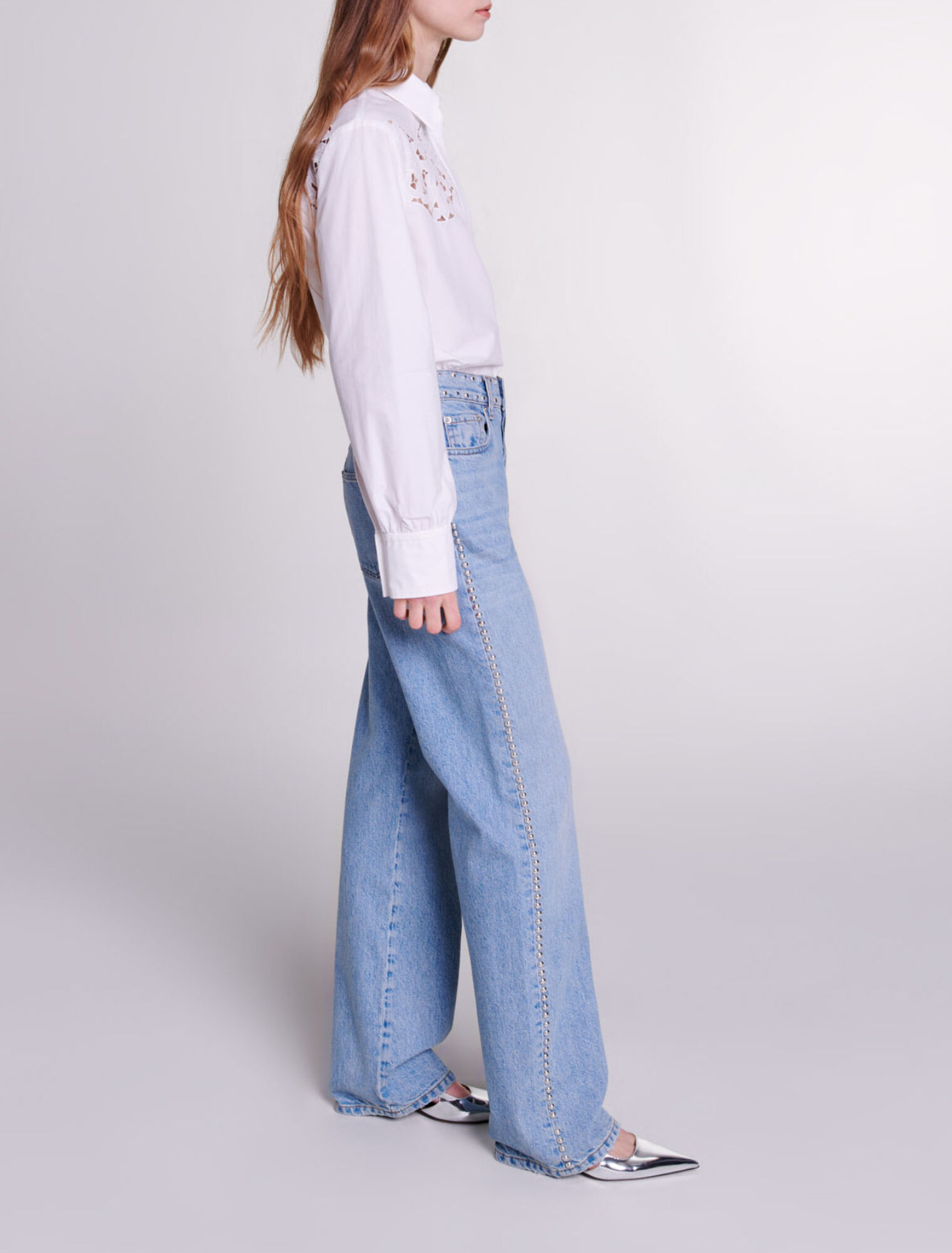 Wide-leg studded jeans