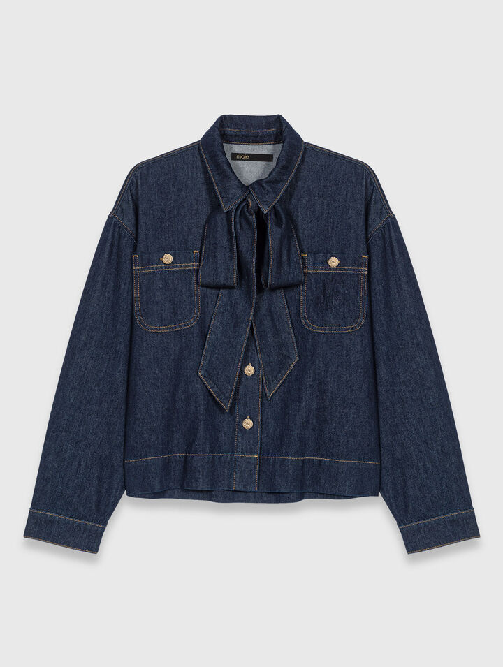 Denim shirt with pussy bow