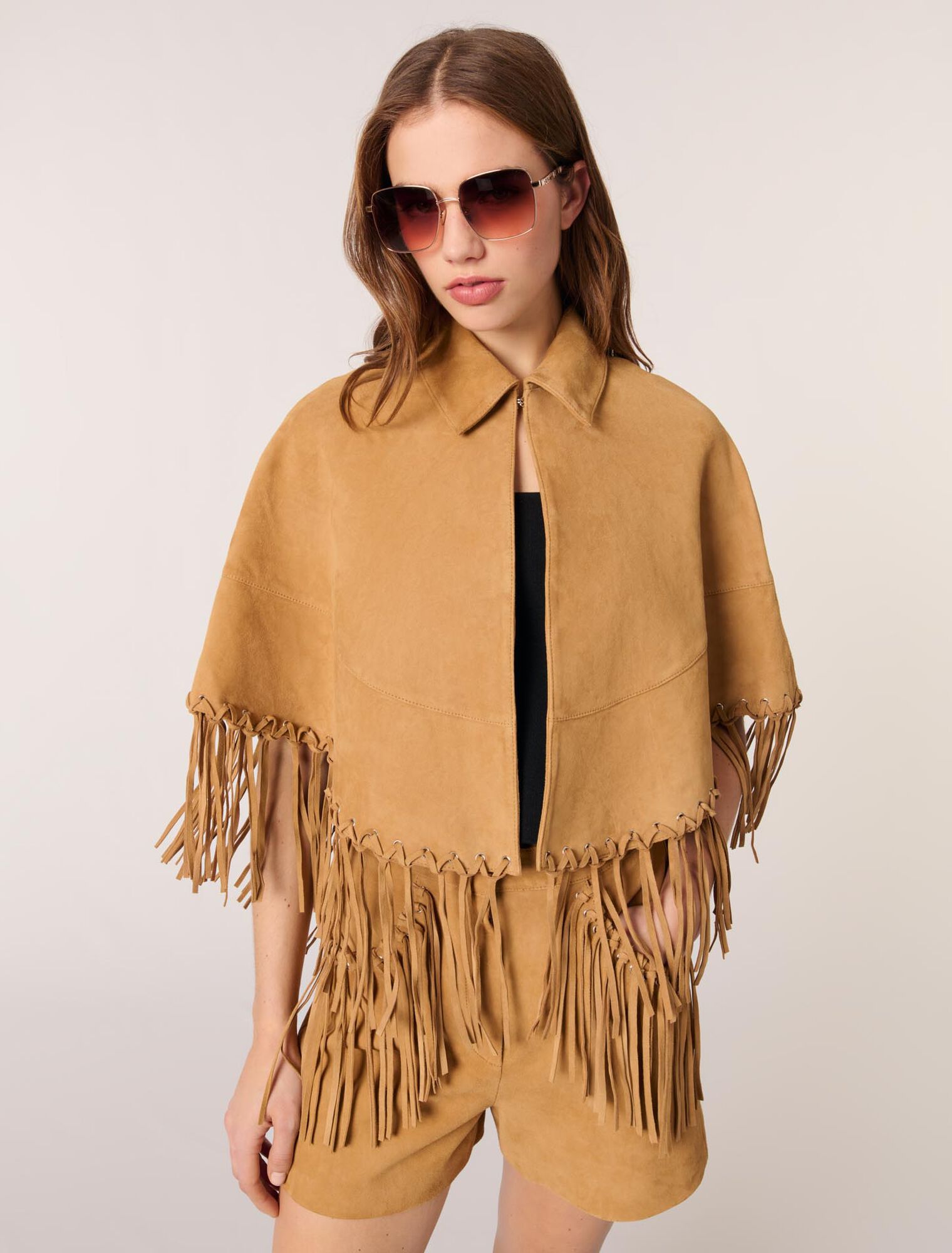 Manteau court à franges en nubuck