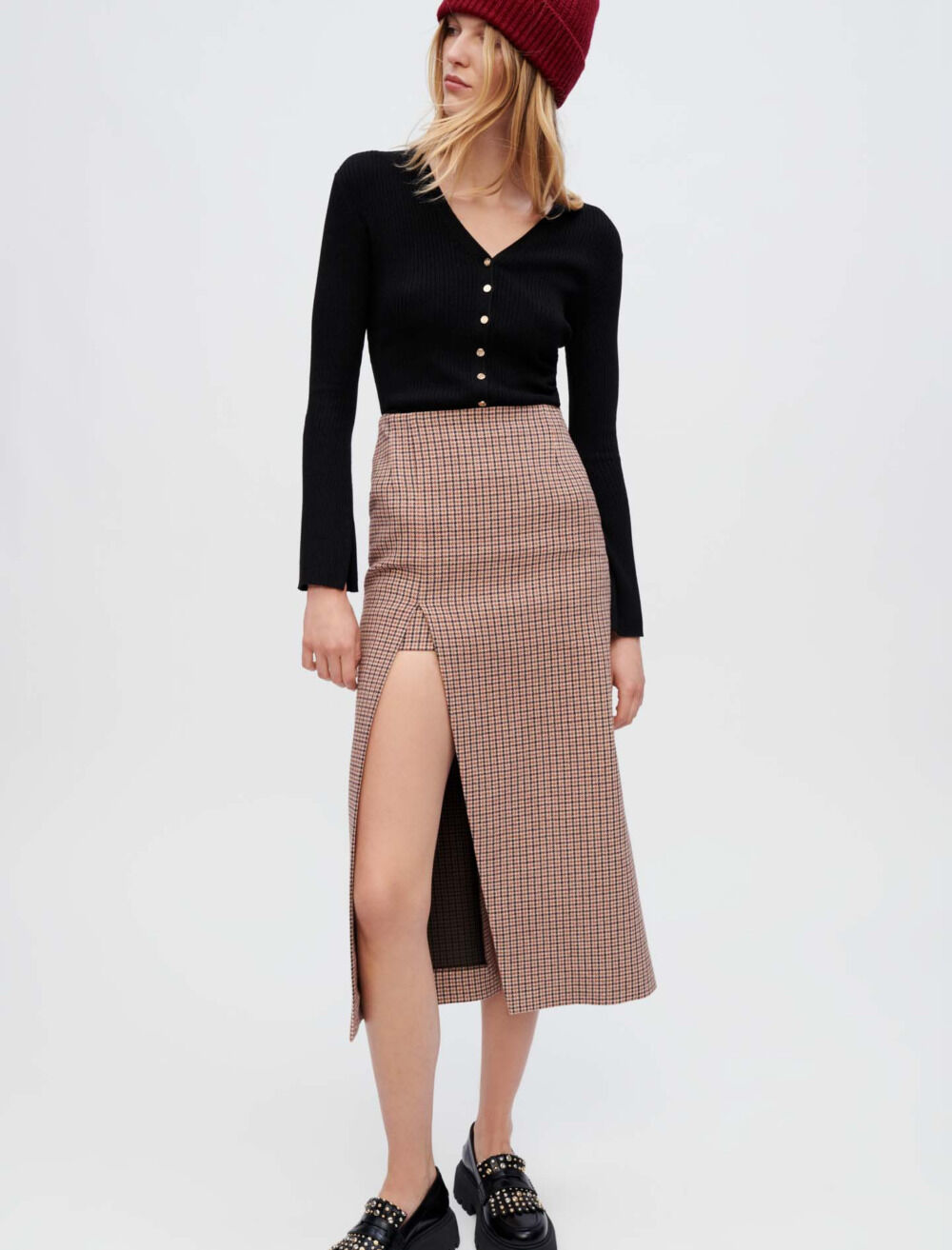 Jupe midi fendue en pied de poule Jupes Shorts Maje
