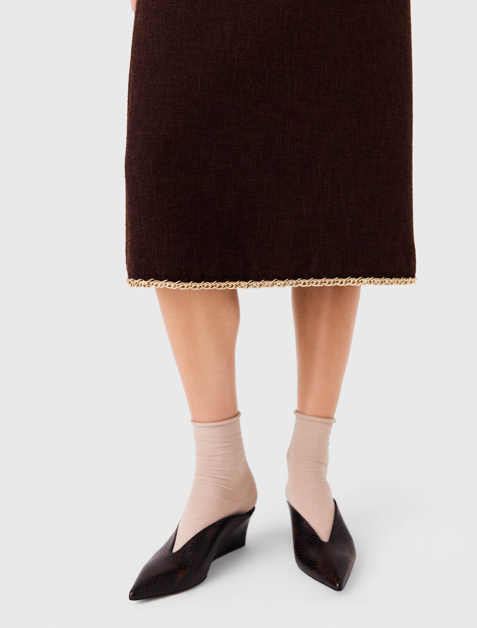 Jupe midi en tweed et galon cha&icirc;ne 