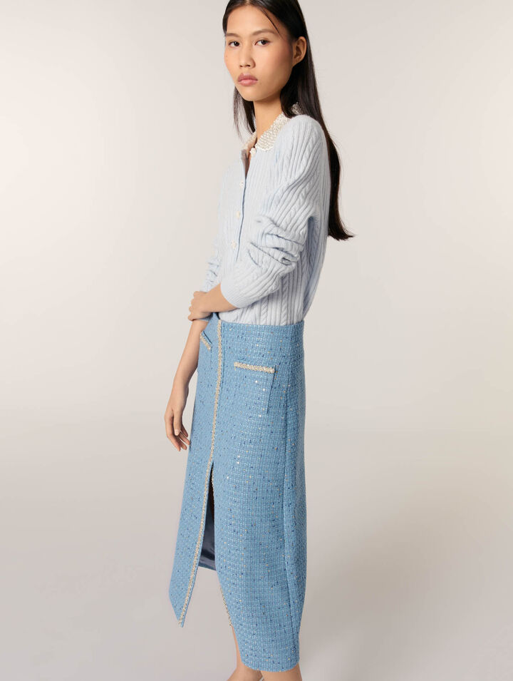Jupe midi en tweed à sequins